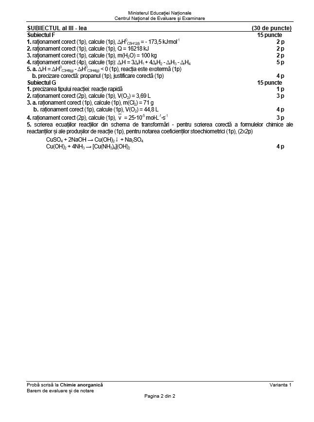 Barem chimie anorganică Bac 2018 - sesiunea de toamnă