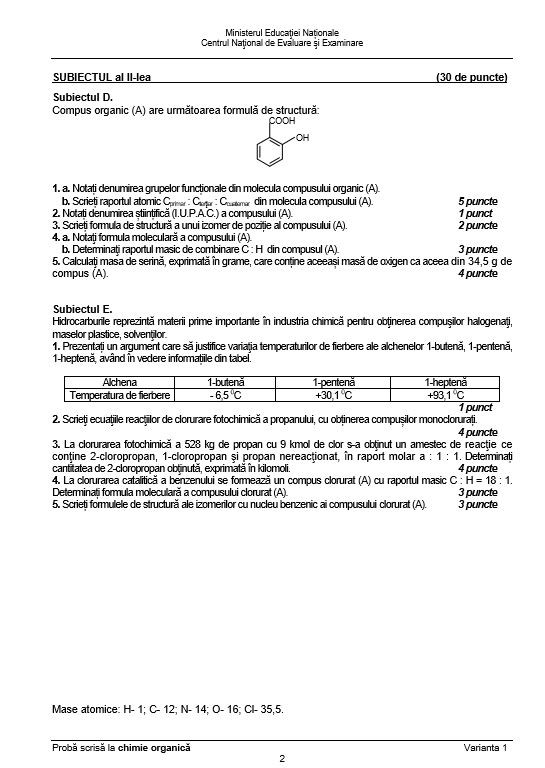 Subiecte chimie organică Bac 2018 - sesiunea de toamnă