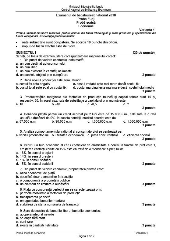 Subiecte economie Bac 2018 - sesiunea de toamnă