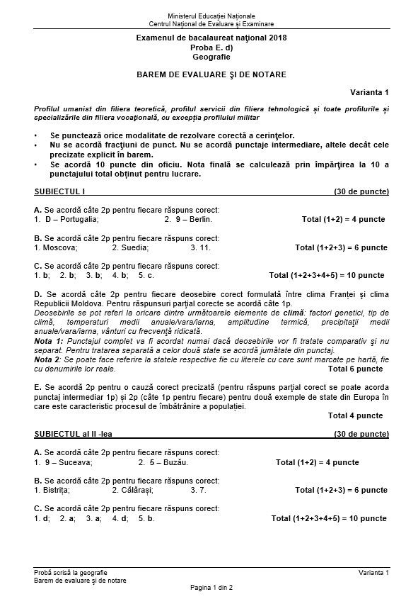 Barem geografie Bac 2018 - sesiunea de toamnă