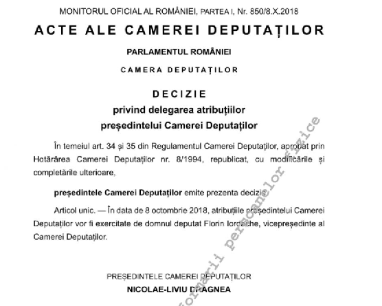 Liviu Dragnea și-a delegat atribuțiile de președinte al Camerei Deputaților lui Florin Iordache