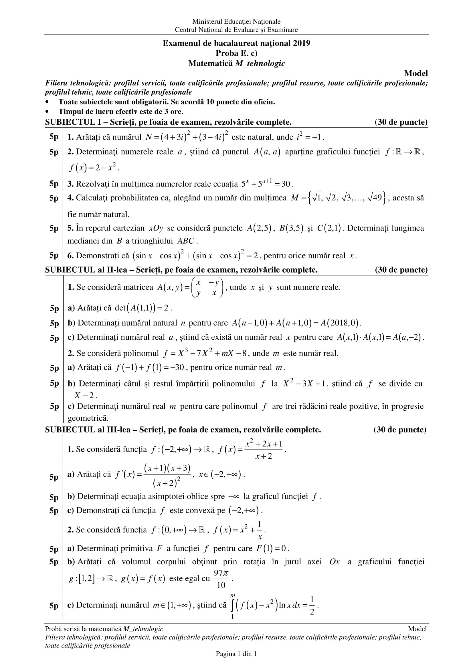 Bacalaureat Matematica (profil tehnologic)