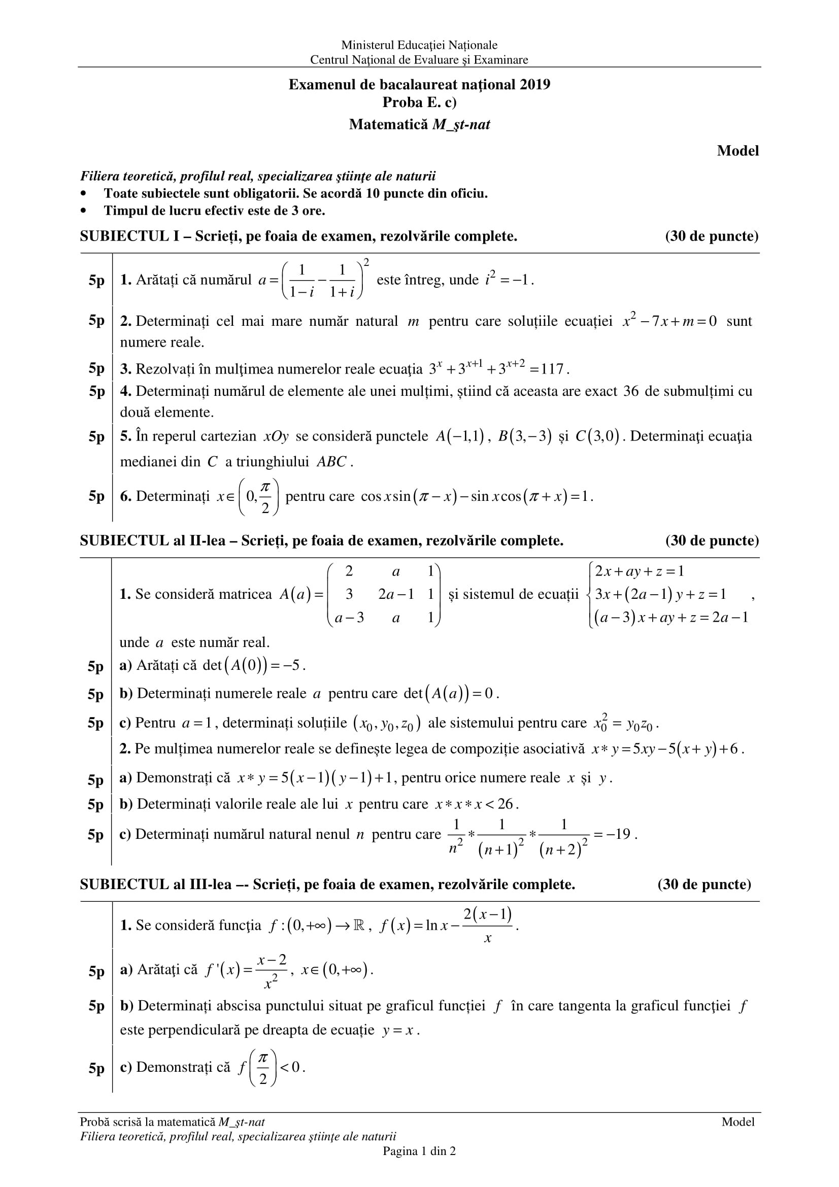 Bacalaureat Matematica (profil științele naturii)