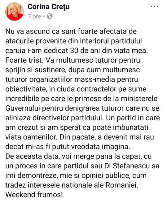 Corina Cretu, postare pe facebook