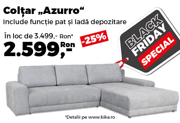 Reduceri kika Black Friday. Colțarul Azzuro, cu funcție pat și ladă, redus cu 25%