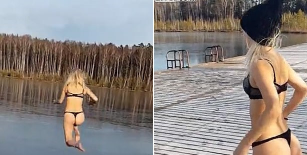 Momentul în care o femeie în lenjerie intimă sare într-un lac înghețat. Ce a pățit. VIDEO