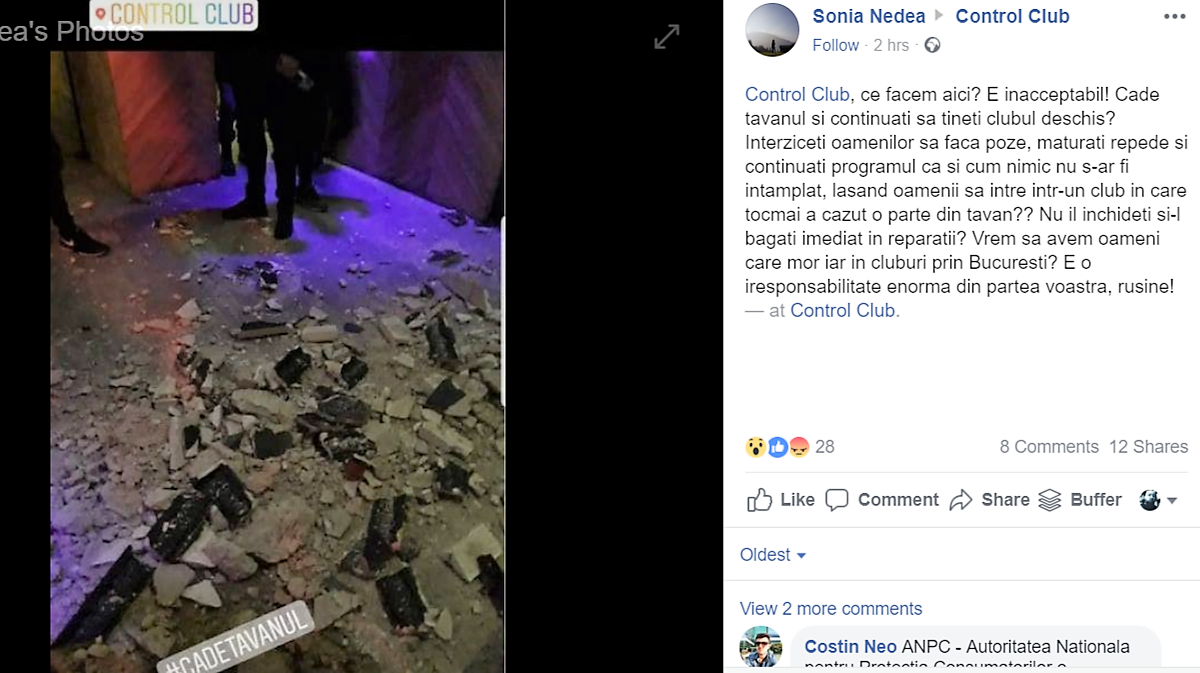 Incident în clubul Control din București: ”E inacceptabil! Cade tavanul şi continuaţi să ţineţi clubul deschis?”