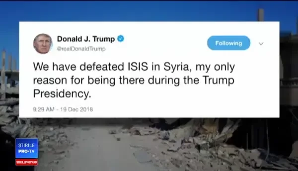 Trump a anunţat pe Twitter că a învins Statul Islamic şi retrage trupele din Siria