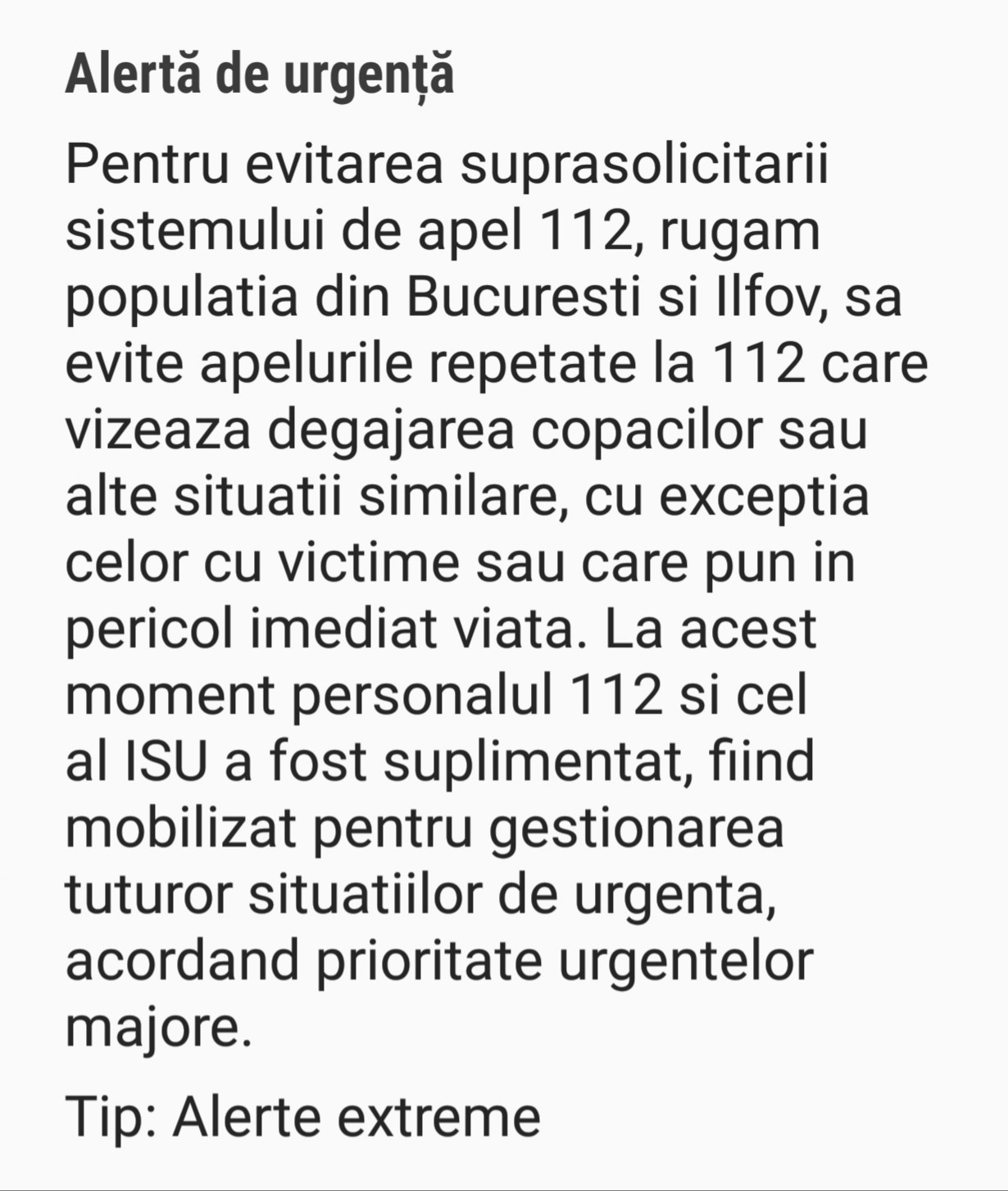 Alerta transmisă de IGSU sâmbătă, prin sistemul RO-Alert, după ploaia înghețată
