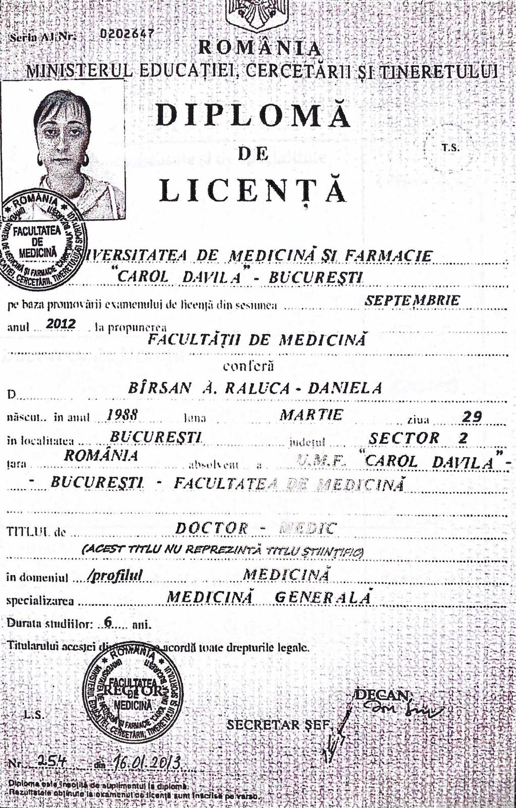 diploma falsa Raluca Daniela B&icirc;rsan