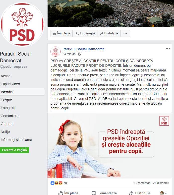 PSD se laudă pe Facebook cu majorarea alocaţiilor, deşi iniţiativa a fost a PNL