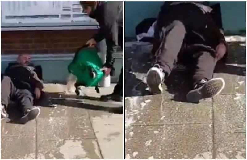 Imagini șocante. Trecătorii sunt îngroziți de cum e umilit un om al străzii. VIDEO