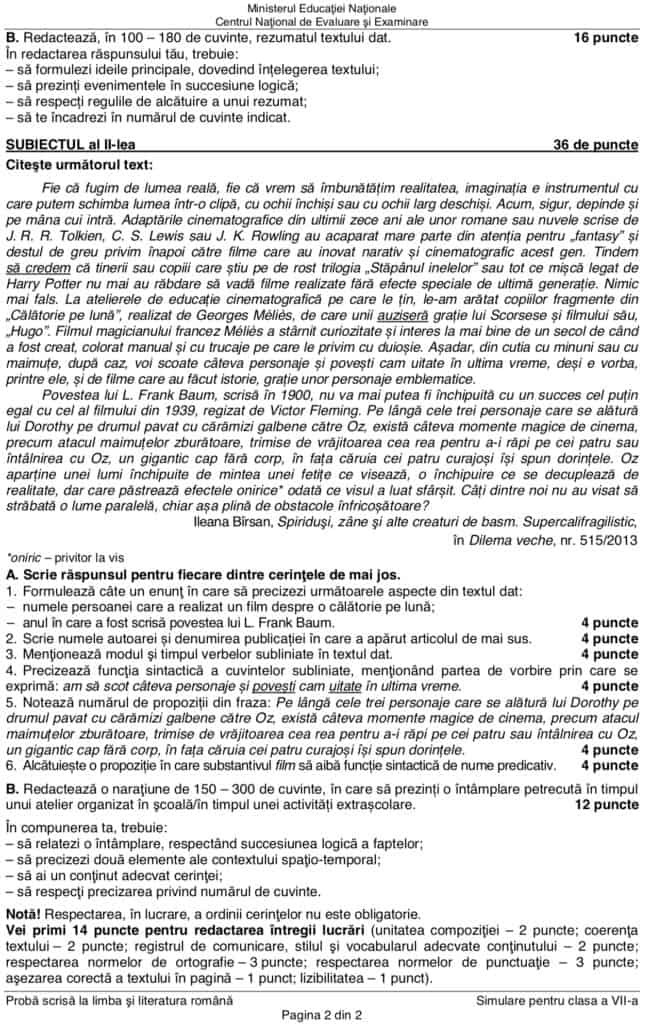 SUBIECTE ȘI BAREM SIMULARE LIMBA ROM&Acirc;NĂ, Clasa a VII-a.