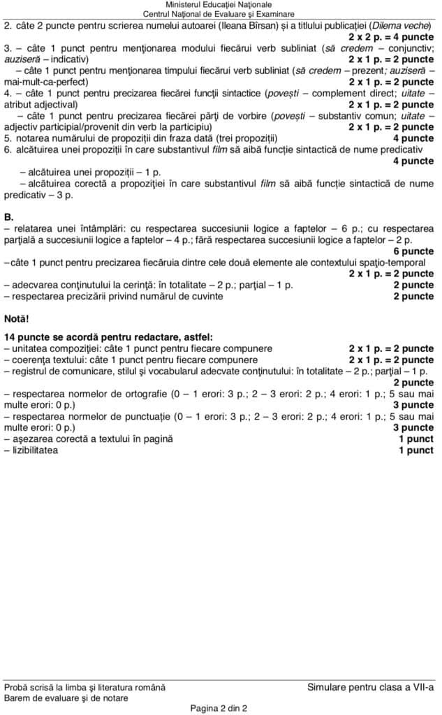 SUBIECTE ȘI BAREM SIMULARE LIMBA ROM&Acirc;NĂ, Clasa a VII-a.
