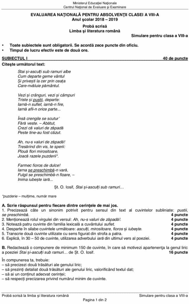 SIMULARE Evaluare Națională 2019, SUBIECTE ȘI BAREM LIMBA ROMÂNĂ, Clasa a VIII-a