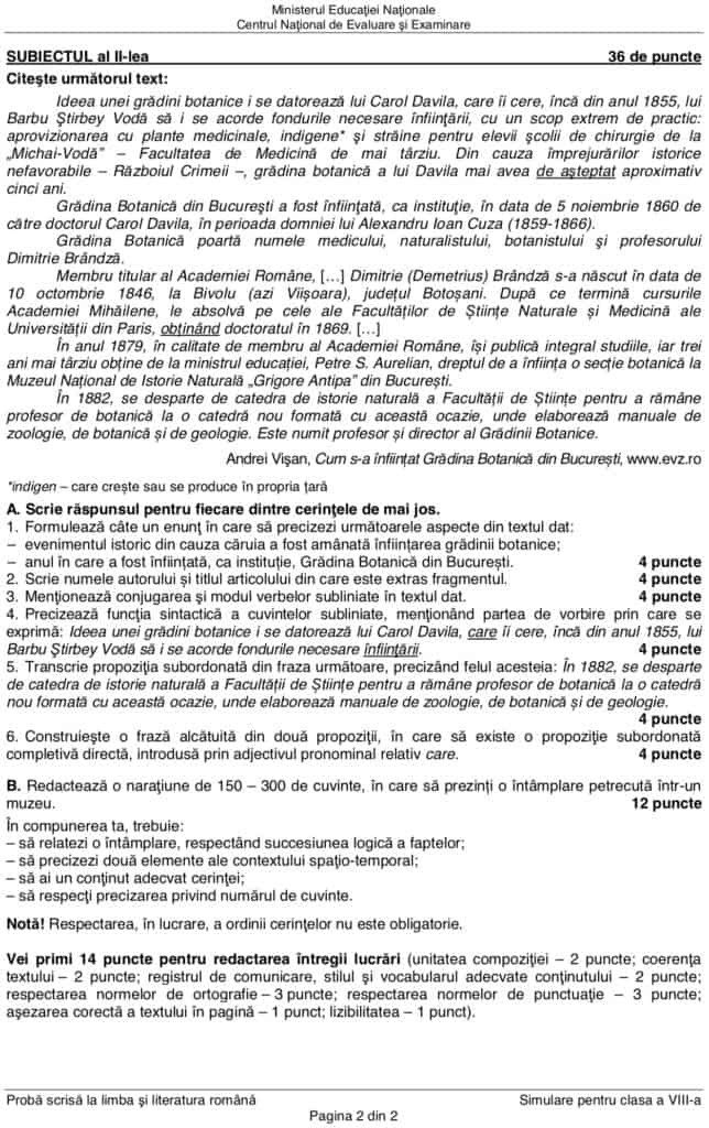 SUBIECTE ȘI BAREM SIMULARE EVALUARE NAȚIONALĂ, Clasa a VIII-a