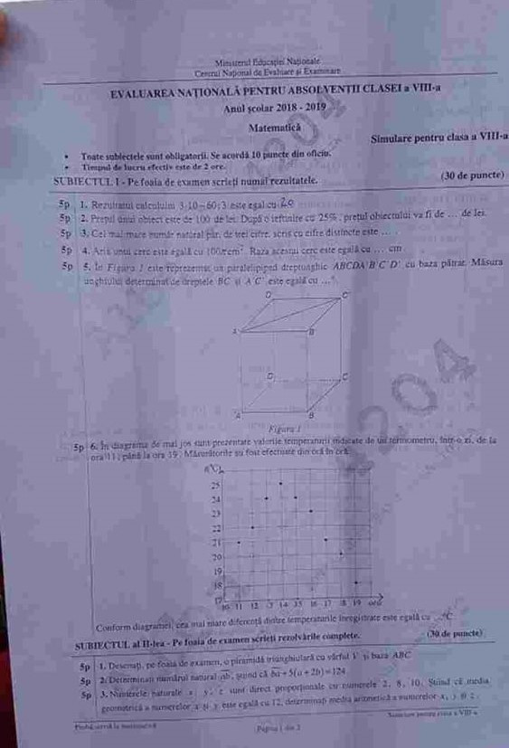 Subiectele la matematică la simulare evaluare naționala 2019, primite de elevii de clasa a VIII-a