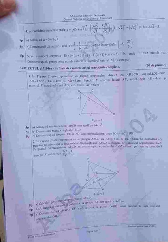 Subiectele la matematică la simulare evaluare naționala 2019, primite de elevii de clasa a VIII-a