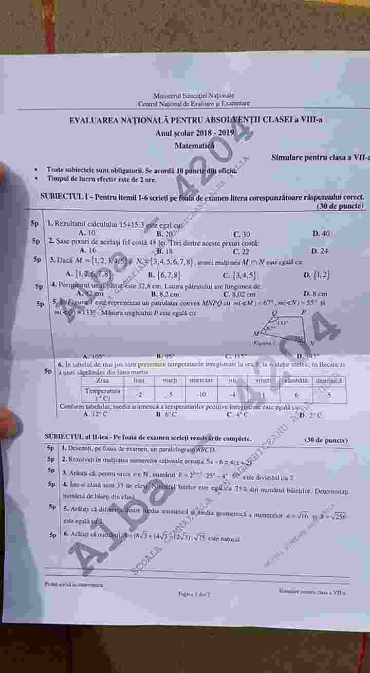 Subiectele la matematică la simulare evaluare naționala, primite de elevii de clasa a VII-a: