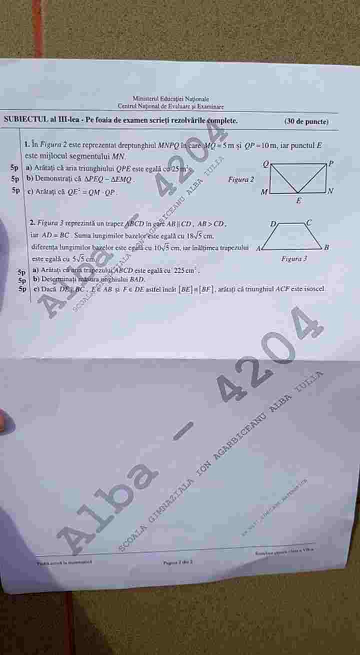 Subiectele la matematică la simulare evaluare naționala, primite de elevii de clasa a VII-a:
