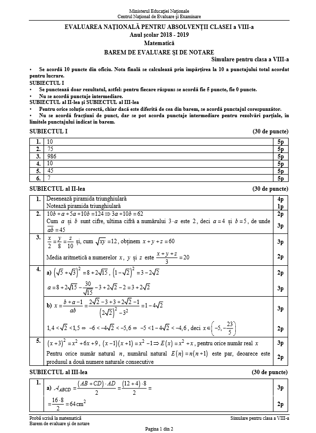 BAREM MATEMATICĂ SIMULARE EVALUARE NAȚIONALĂ 2019
