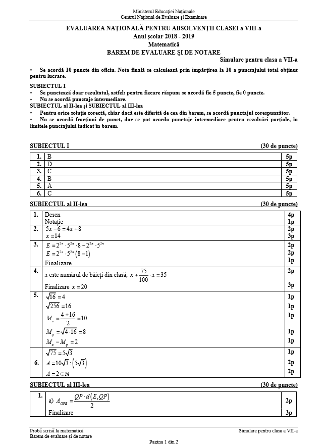 BAREM MATEMATICĂ SIMULARE EVALUARE NAȚIONALĂ 2019