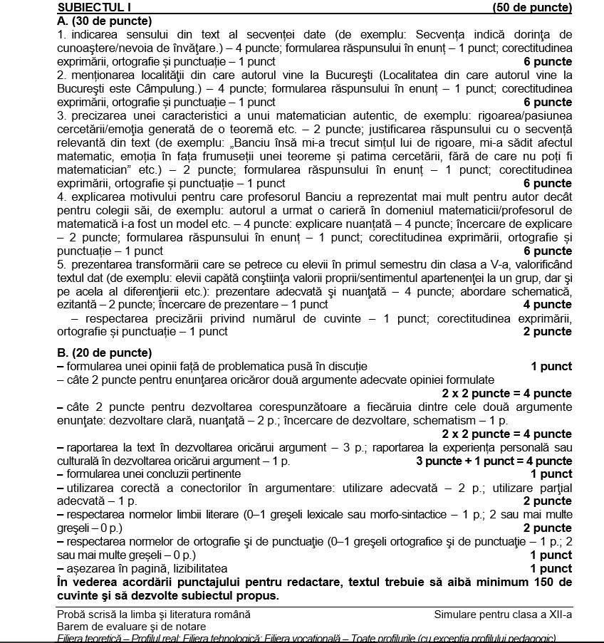 SIMULARE BACALAUREAT 2019. Barem de corectare la Limba Rom&acirc;nă