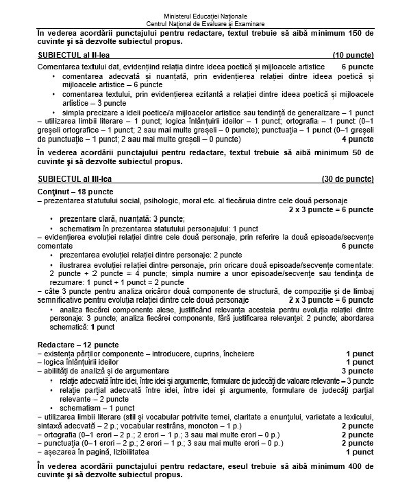 SIMULARE BACALAUREAT 2019. Barem de corectare la Limba Rom&acirc;nă