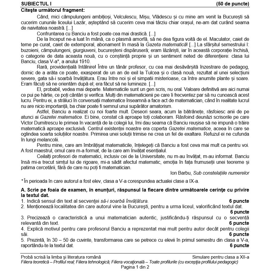 SIMULARE BACALAUREAT 2019. Subiecte și barem de corectare la Limba Rom&acirc;nă