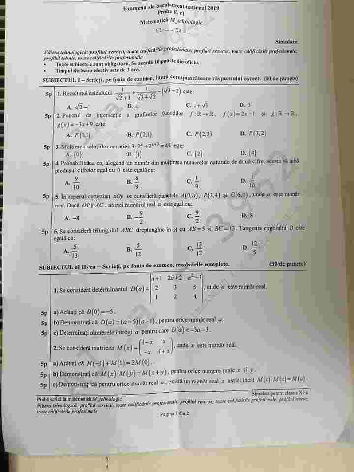 subiecte matematica cls XI