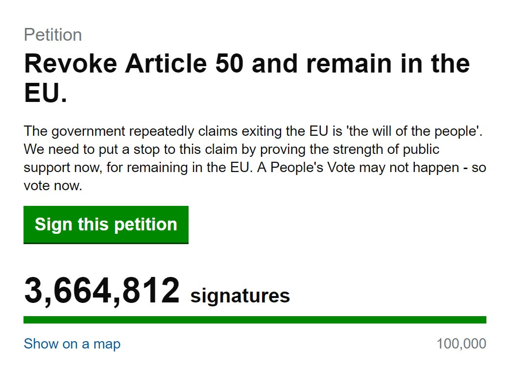 Petiţia pentru anularea Brexitului a strâns peste 3 milioane de semnături