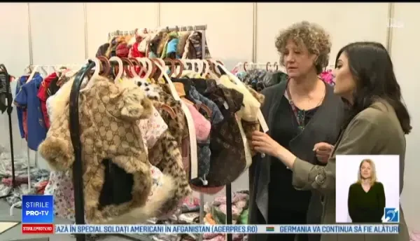 Haine de designer și accesorii cu pietre prețioase pentru animale, la un târg din Capitală