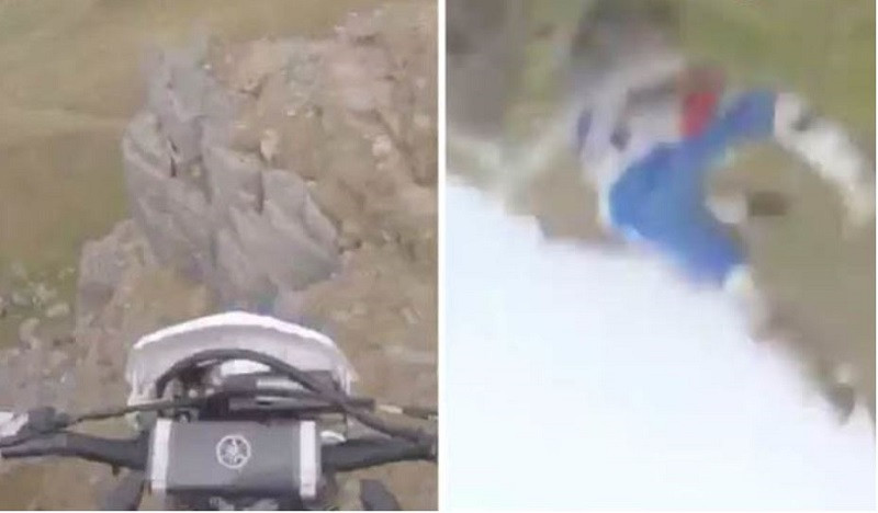 Momentul în care un biciclist cade de la 10 metri înălțime, de pe stâncă. VIDEO