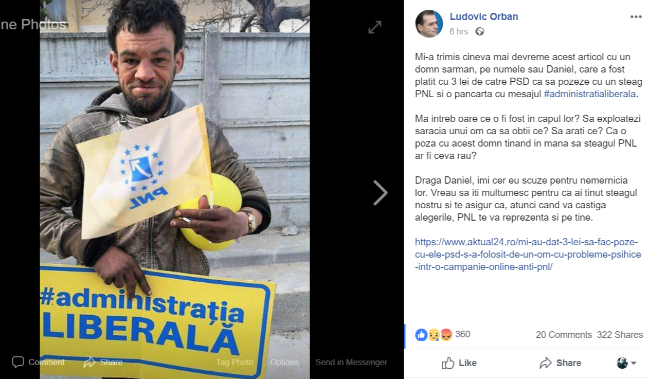 Ludovic Orban: ”Un domn sărman a fost plătit cu 3 lei de PSD, să pozeze cu un steag PNL”