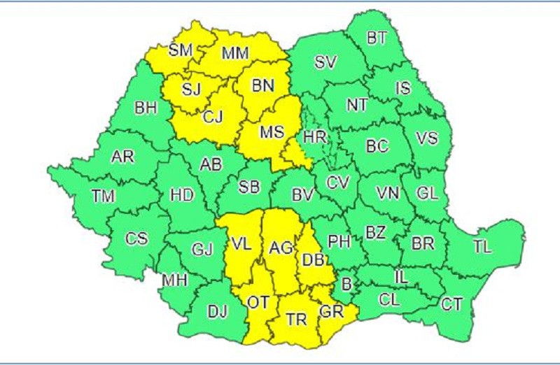 Cod galben de vreme severa in 13 judete
