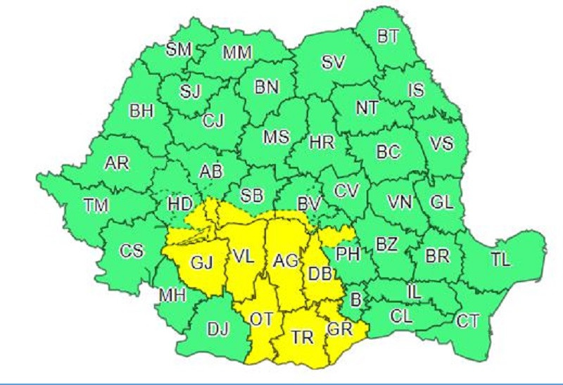 Cod galben de vreme severa in 12 judete