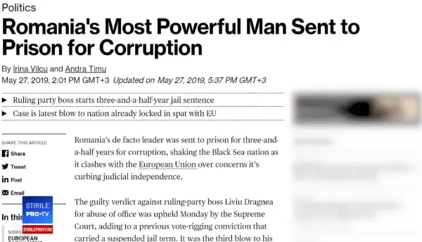 Bloomberg: Cel mai puternic om din România merge la închisoare pentru corupție