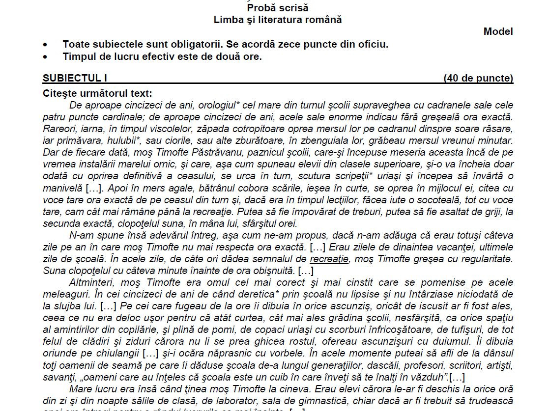 Limba romana evaluare nationala, model subiecte