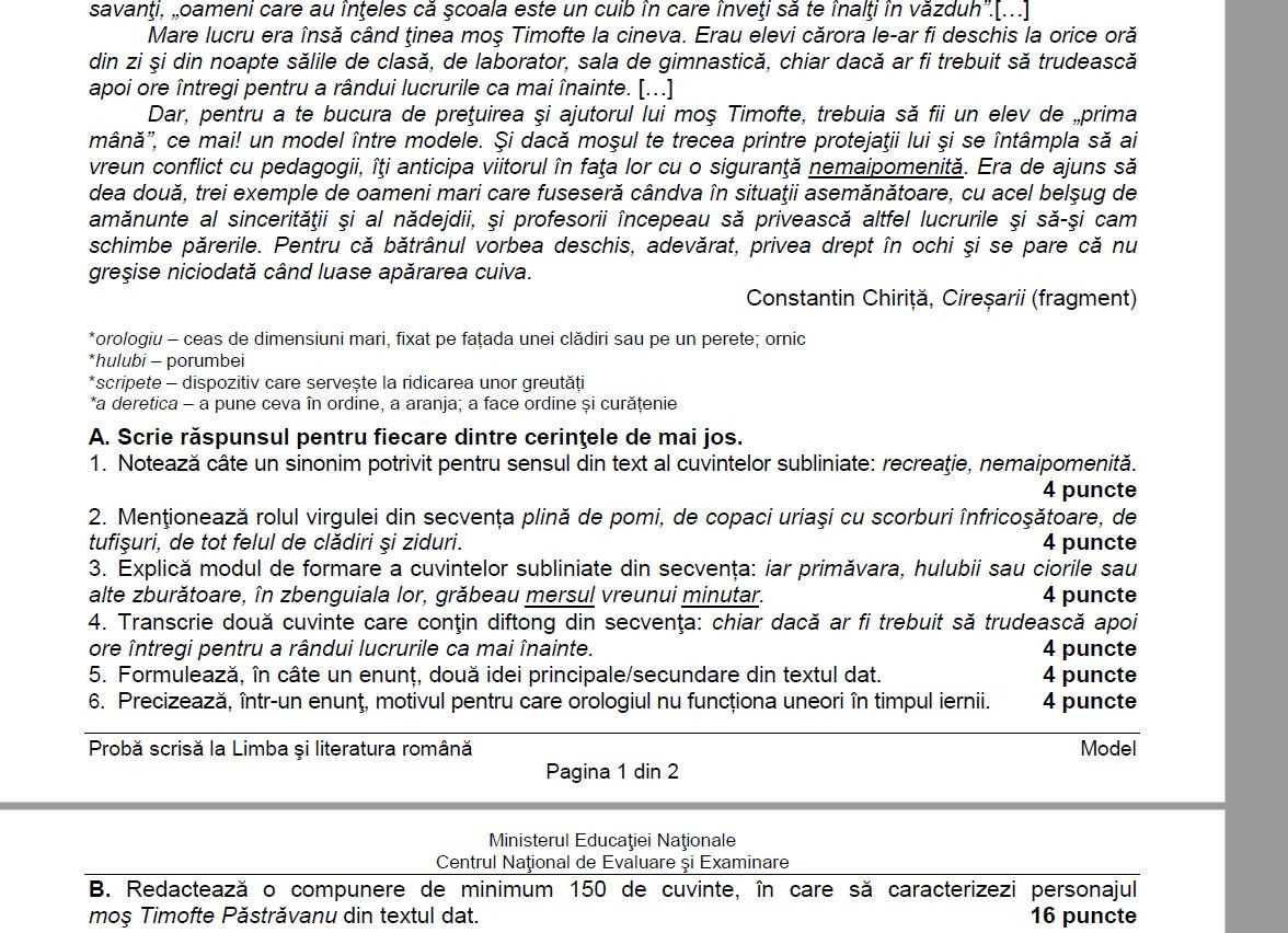 Limba romana evaluare nationala, model subiecte