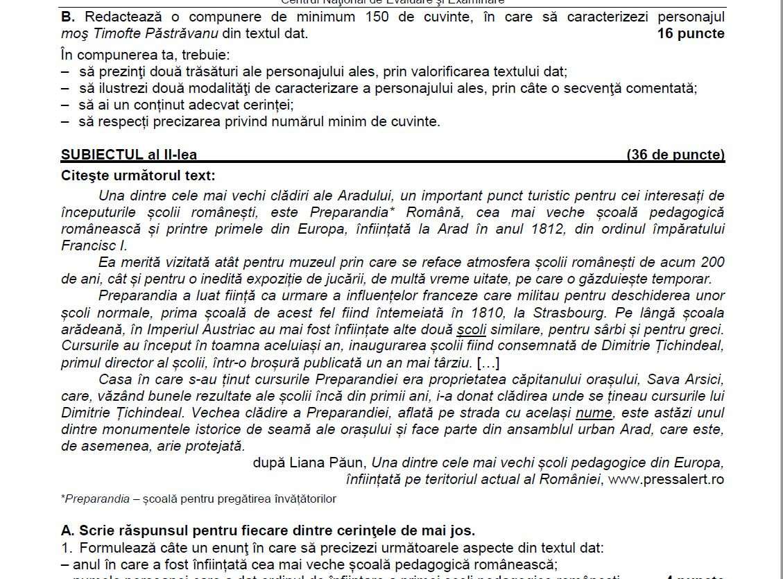 Limba romana evaluare nationala, model subiecte