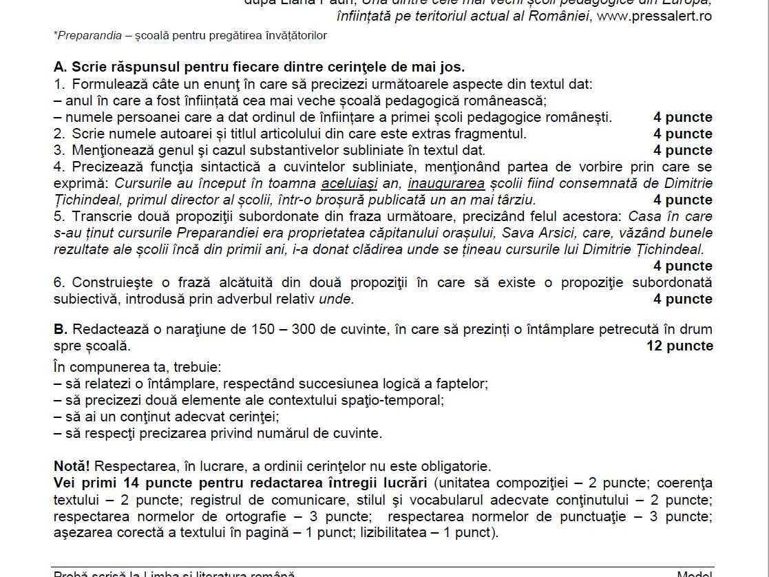 Limba romana evaluare nationala, model subiecte