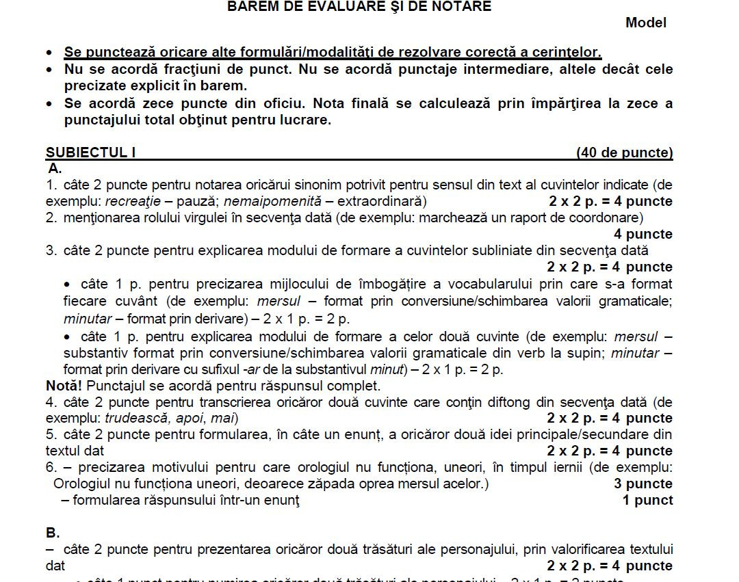barem limba romana evaluare nationala, model