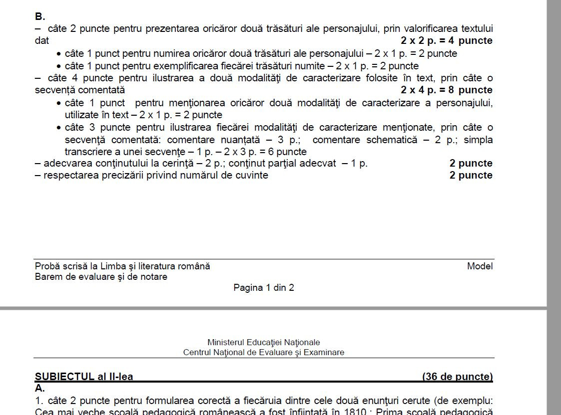 barem limba romana evaluare nationala, model