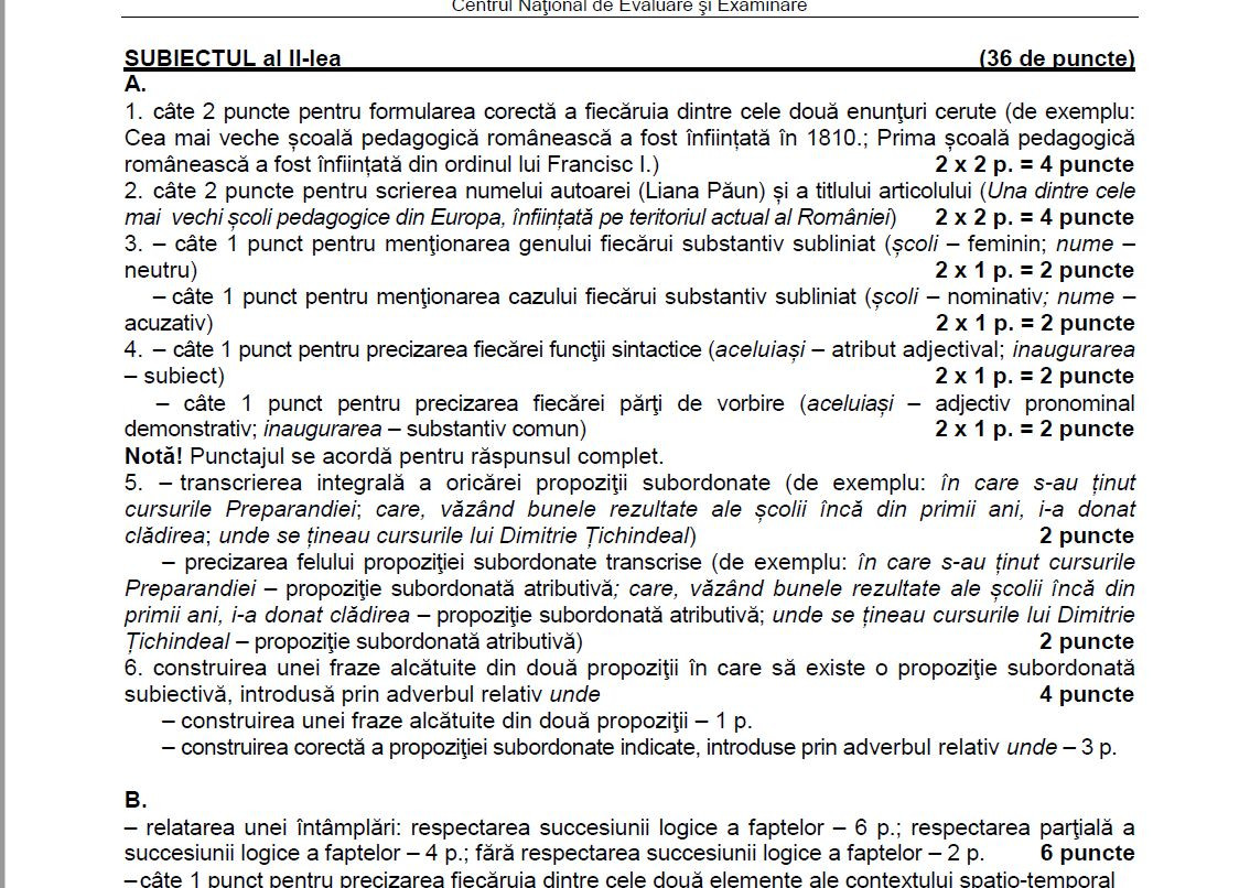 barem limba romana evaluare nationala, model