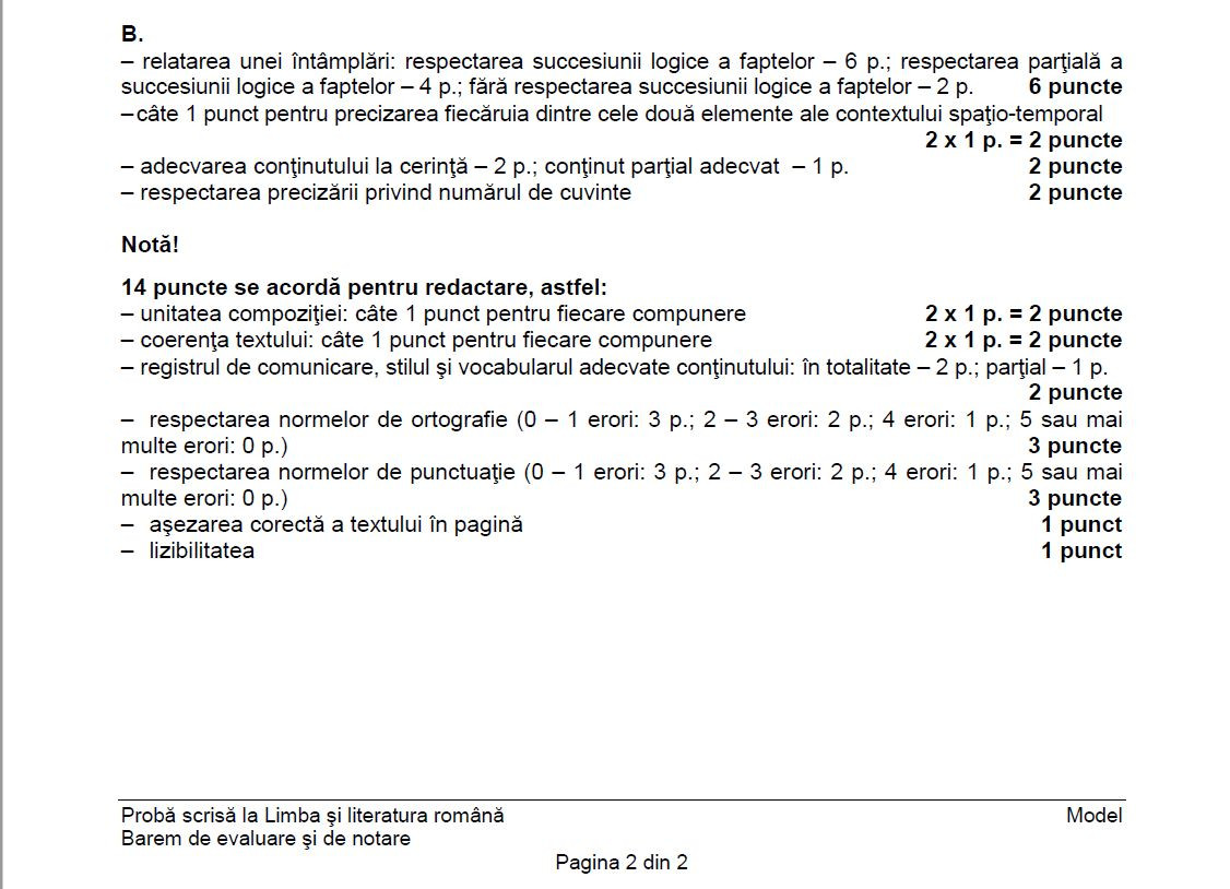 barem limba romana evaluare nationala, model