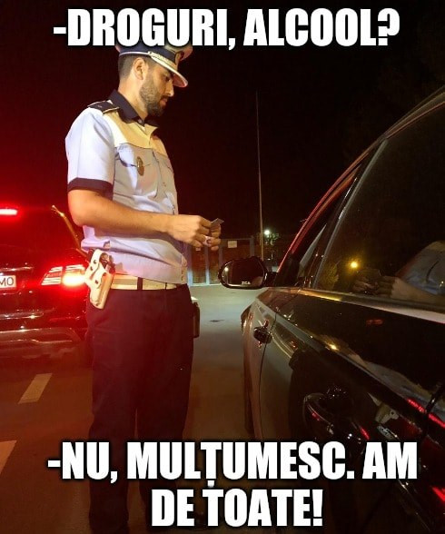 Dialog amuzant între un polițist și un șofer prins drogat. ”Stați că sun niște prieteni”