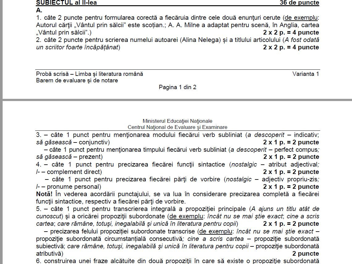 Barem limba romana evaluare nationala
