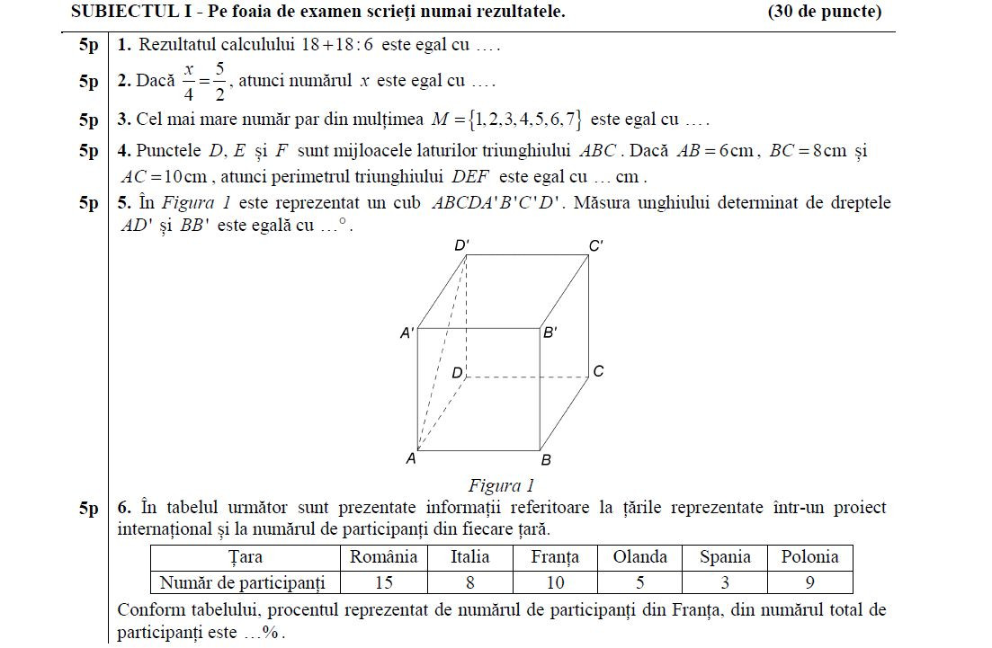 subiecte matematica evaluare nationala