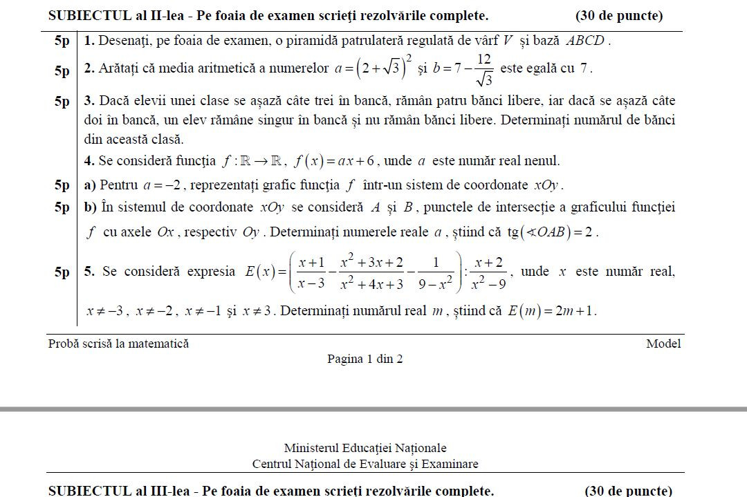 subiecte matematica evaluare nationala