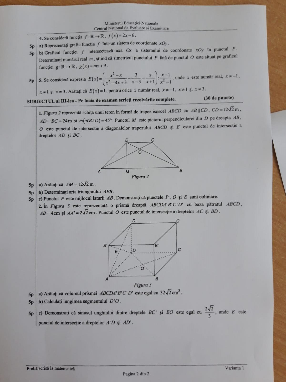 Evaluare Națională 2019 subiecte matematică